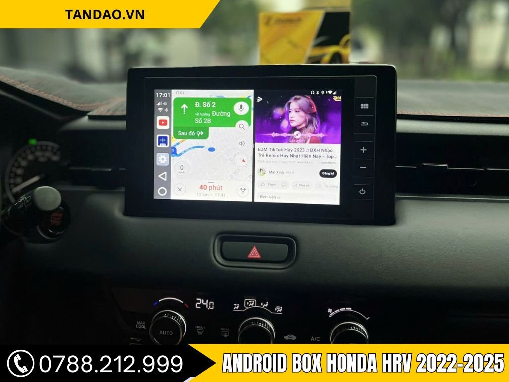 Android Box Ô Tô Tại Nhơn Trạch - Android Box Zestech trên xe Honda HR-V 2022-2025, hiển thị bản đồ Google Maps với thông tin đường đi, kết hợp với ứng dụng nhạc, mang đến sự tiện ích và giải trí trong suốt chuyến đi.